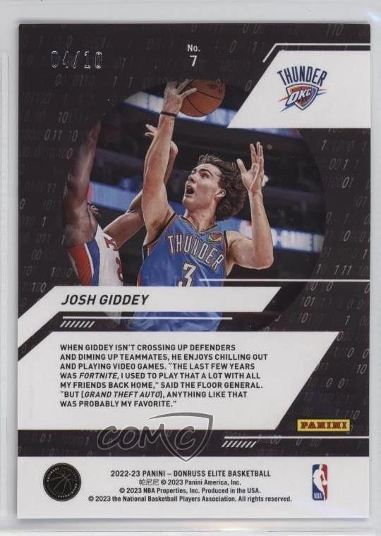 2022-23 Donruss Elite Power Formulas Gold /10 Josh Giddey #7 - Image 2 of 2