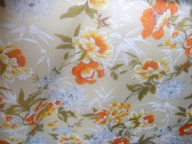 Retro Vintage Floral Print Orange Blue Sheer Drapery Fabric Voile