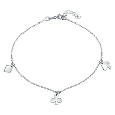 Sterling Silver Dangling Flower & Spade Charms Chain Anklet Bracelet