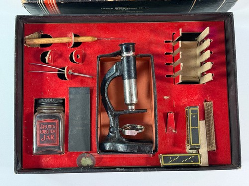 Antik 20er 30er Jahre Mikroset Spielzeug Mikroskop Set mit Box Wissenschaft - Bild 4 von 11