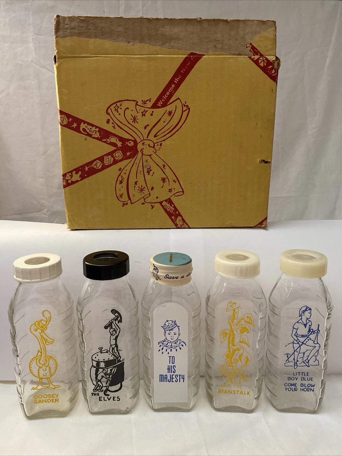 Vintage Glass Baby Bottles Set Samuel Callet Nursery Rhymes Pyroglazed In Box
