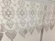 Macramé Medallion Loops and Scalloped Bottom Hem White Curtain Tier or Valance