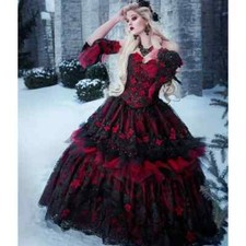 Gothic Black Red Wedding Dresses Long Sleeves Corset Lace Appliques Bridal Gowns