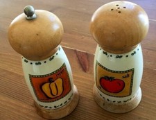 Vintage Ceramic And Wood Salt Shaker  Pepper Grinder.