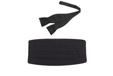 Men's Black Heavy Silk Pleated Cummerbund Self Tie Bow Tie Very Nice