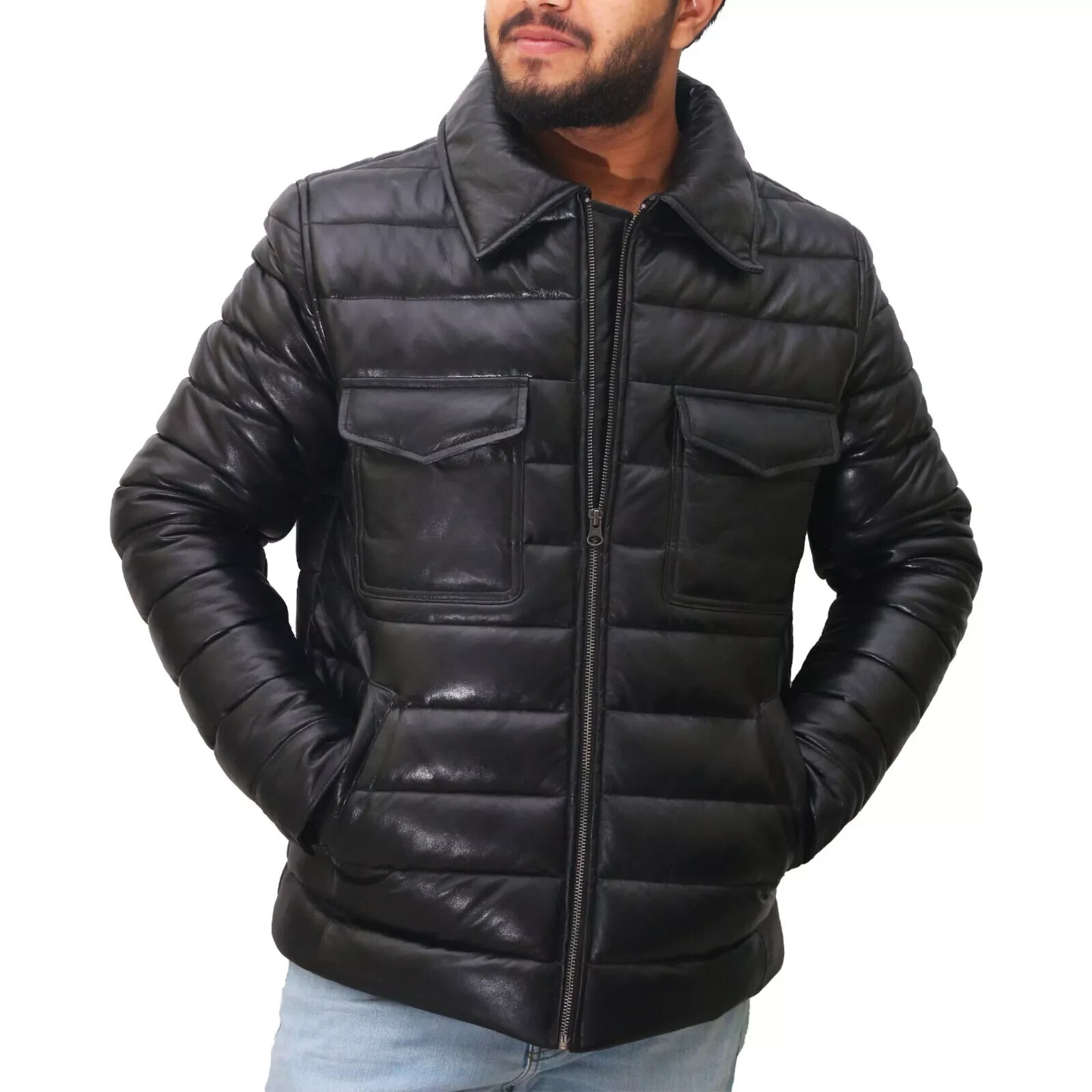 Men's Black Lambskin Leather Puffer Bomber Jacket with Dual Pockets