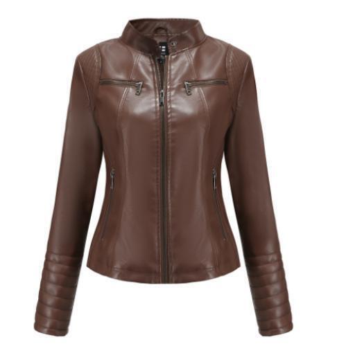 Women's Motorcycle Jacket Fashion Leather Stand Collar Slim Solid Color Zipper - Picture 1 of 15