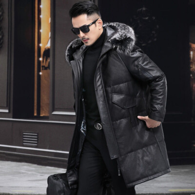 Mens Real Fox Fur Collar Hooded Real Leather Down Jacket Mid Long