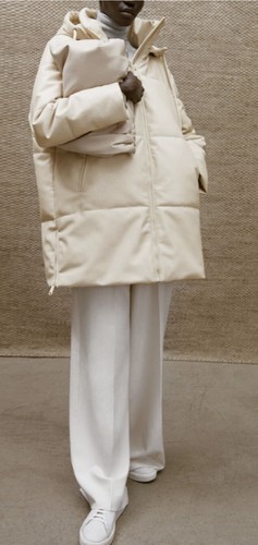 ECRU FAUX LEATHER PUFFER COAT HOOD 