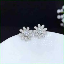 Real Moissanite 2Ct Round Cut Women's Flower Stud Earrings 14k White Gold Plated