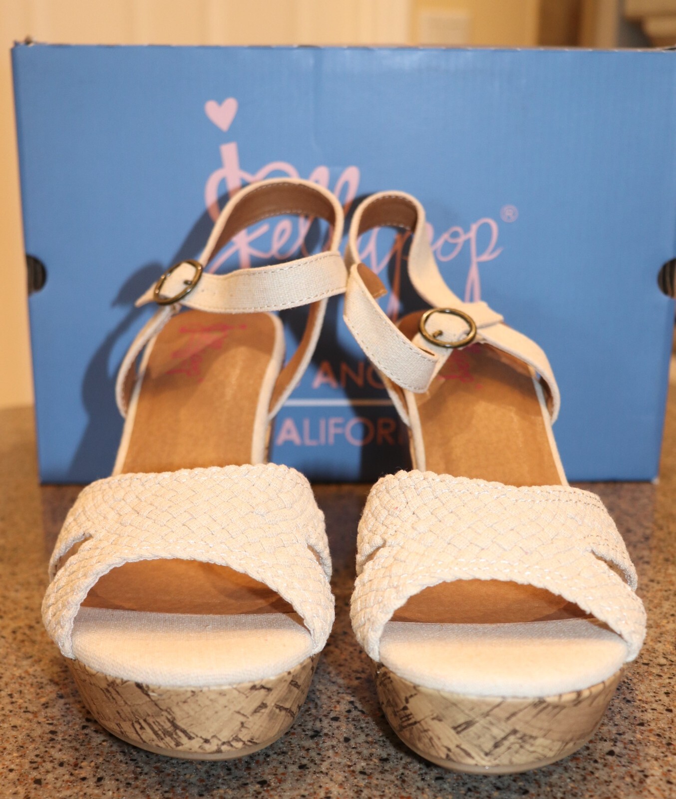 APL Sandali donna JellyPop "Gracey" nuovi con scatola zeppa naturale punta aperta tela intrecciata taglia 9