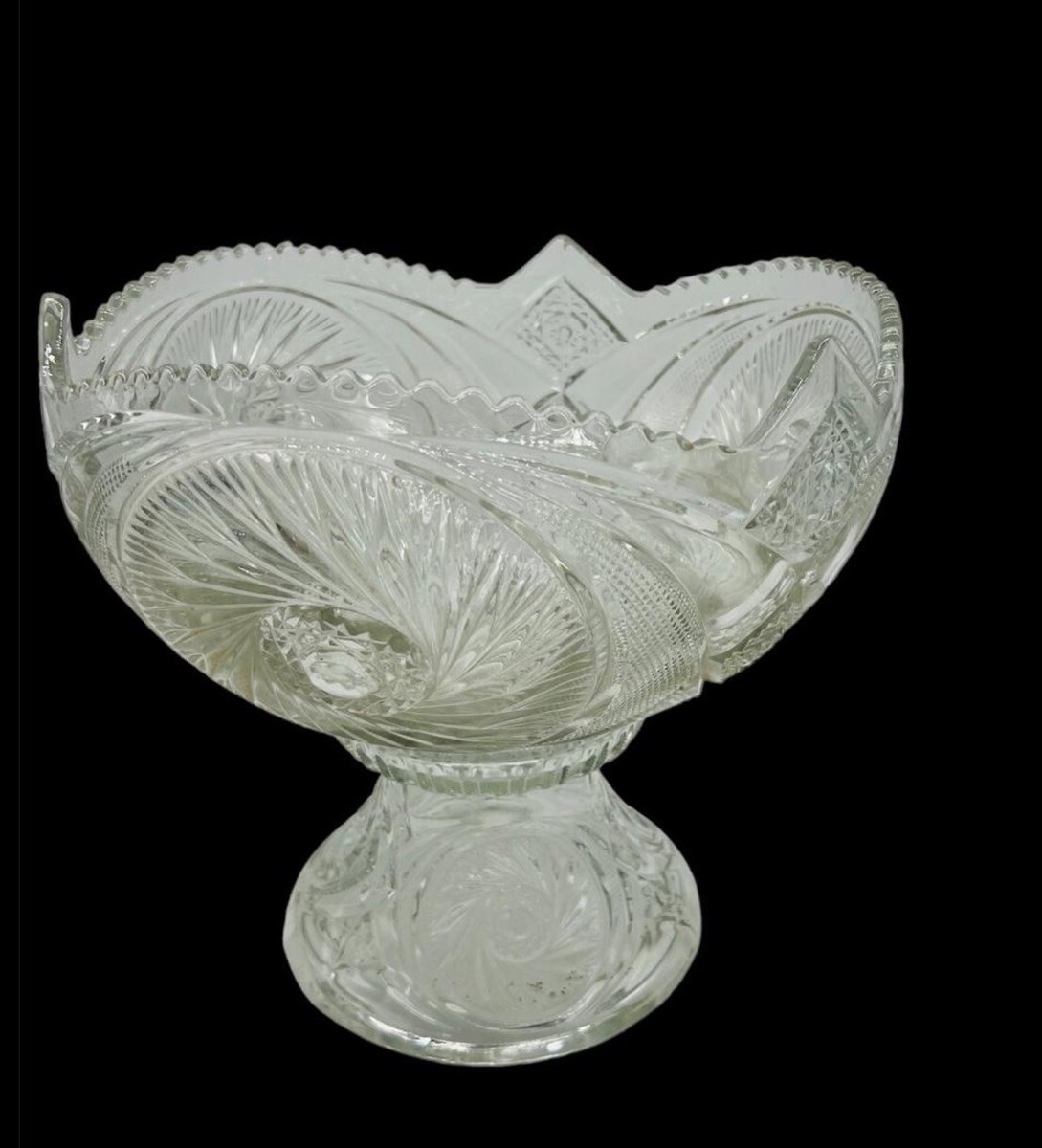 Vintage 1980s L E Smith Clear Crystal Glass McKee Aztec Punch Bowl