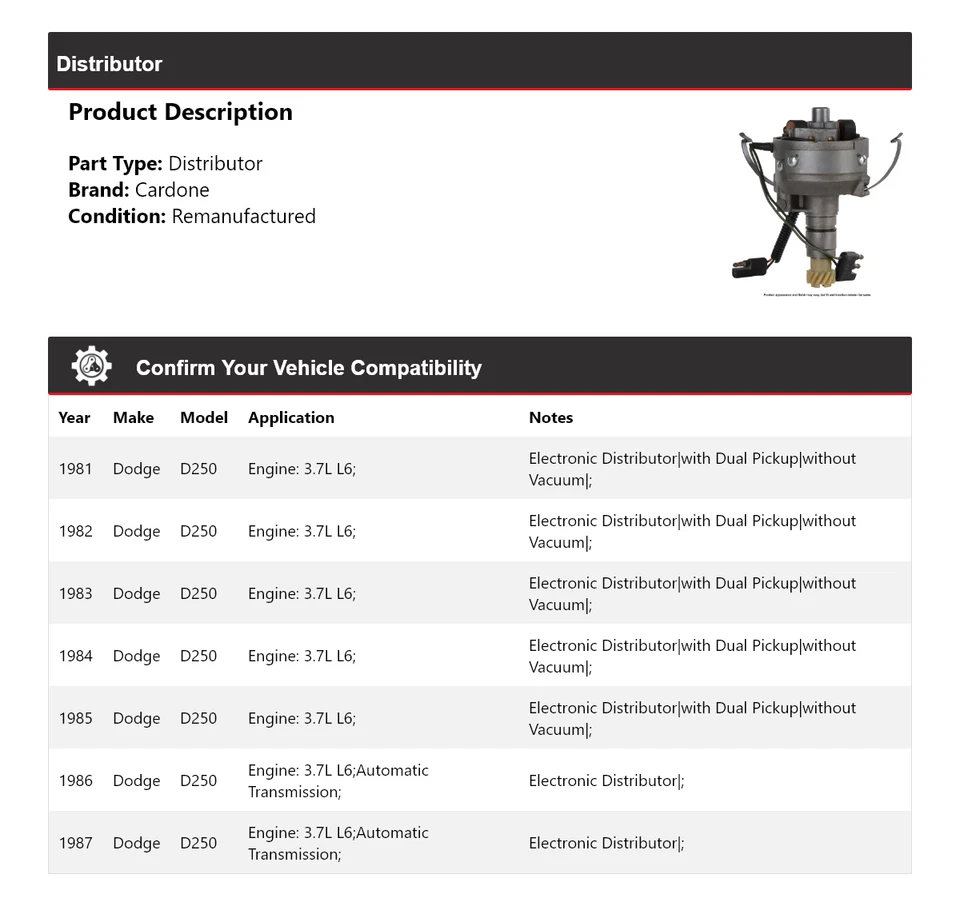 Para Dodge D250 1981-1987 3,7 L L6 Distribuidor Cardone 1982 1983 1984 1985 1986 Foto 2 de 4