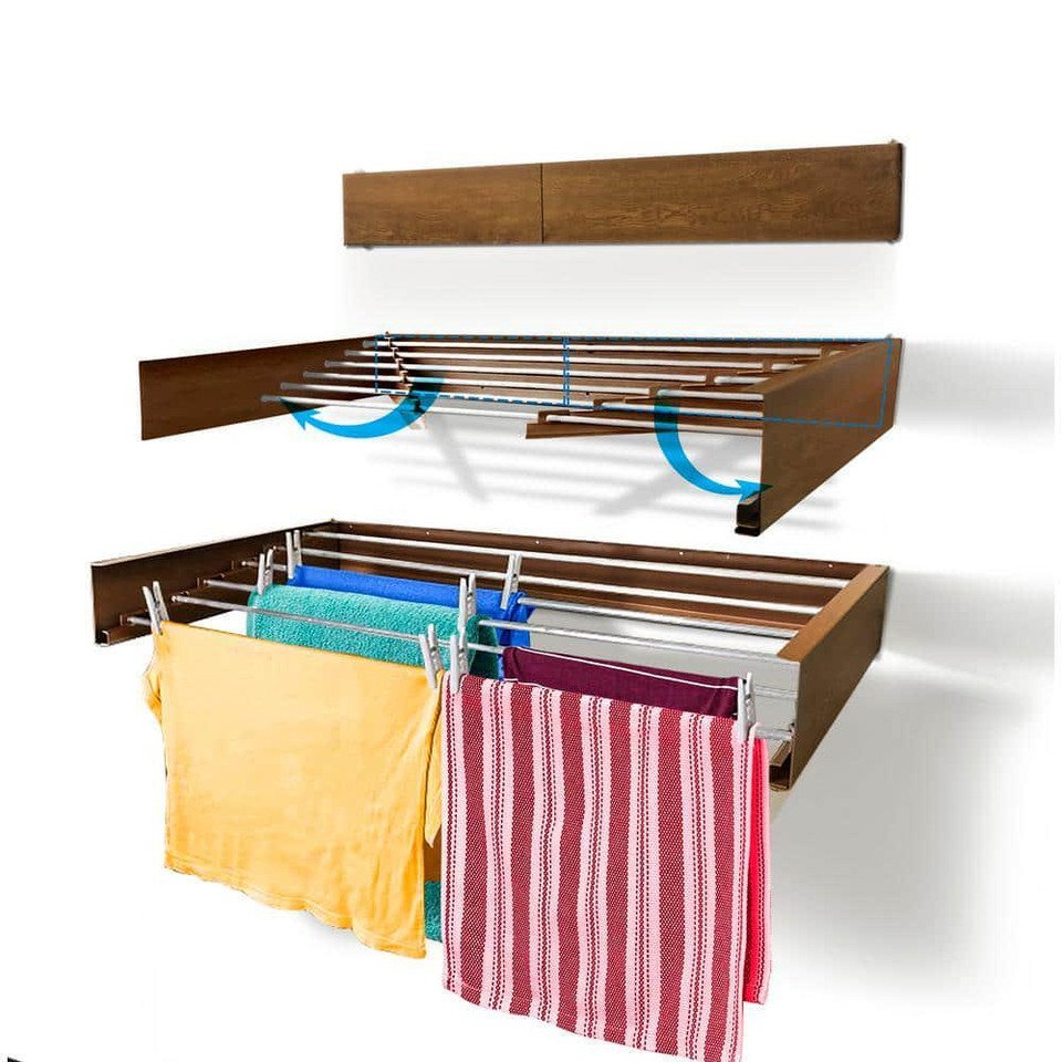 STEPUP Clothes Drying Rack 40" Indoor/Outdoor Wood Finish Retractable