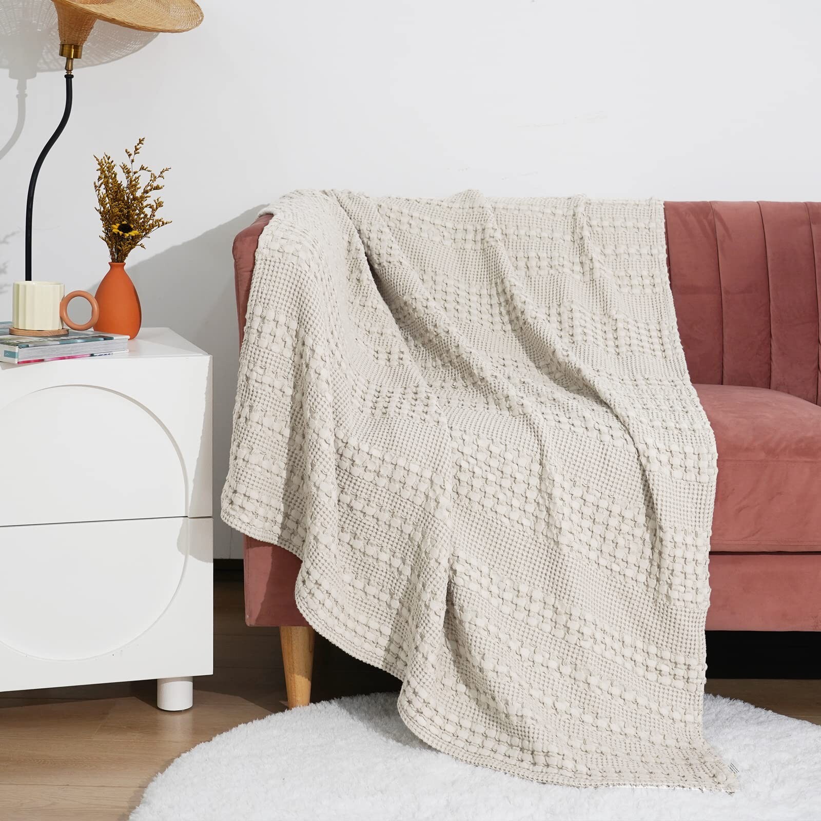 Phf PHF 100% Cotton Waffle Weave Throw Blanket - Lightweight Washed Cotton ...