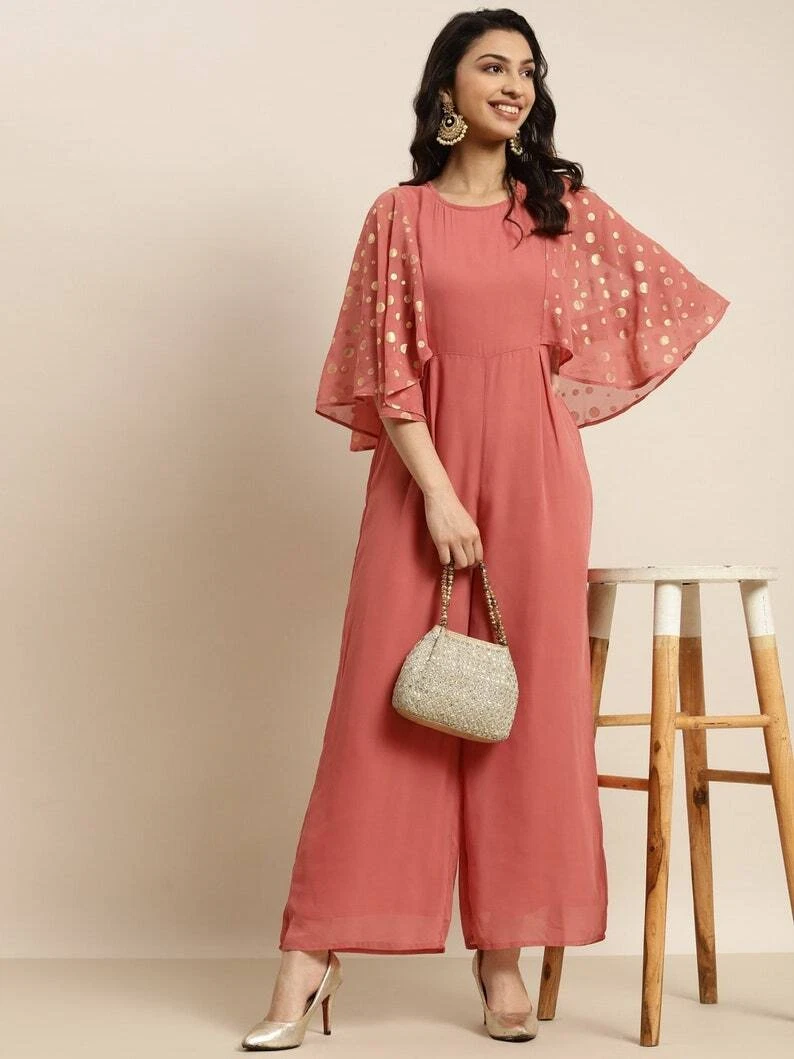 Rust Pink Gold Print Flared Sleeve Jumpsuit Indian Jumpsuit For Women