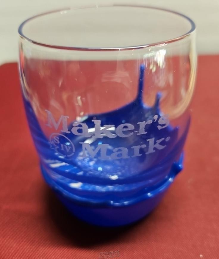 Set (2) Makers Mark 4” Bar Glasses Blue Dipped Wax Bottom Bourbon
