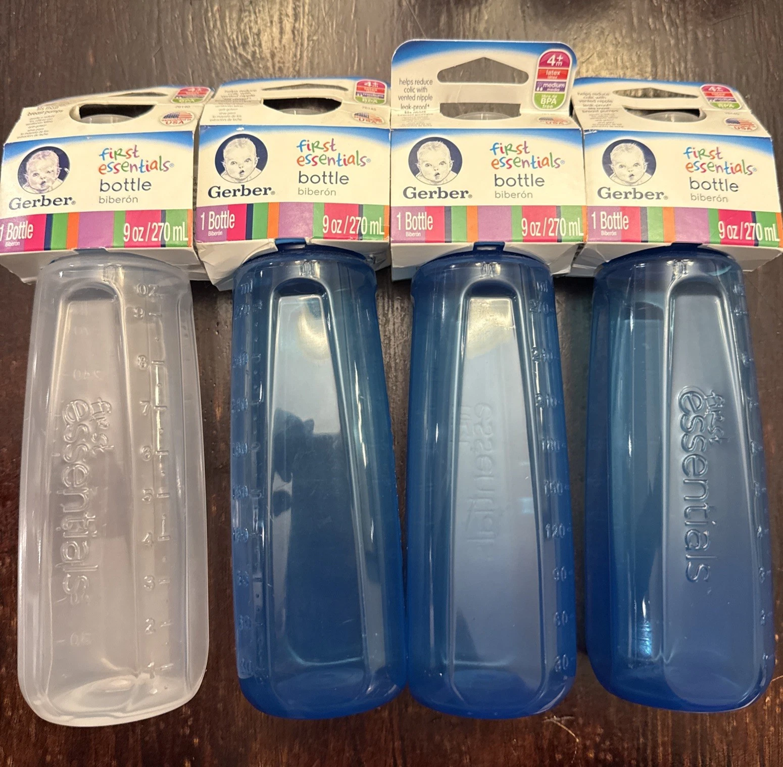 4 Gerber First Essentials Baby Bottle 4+ M Medium Latex Nipple Blue/ Boy
