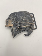 Indian Chief Belt Buckle Native American Warrior Head Headdress Brass Tone Vtg