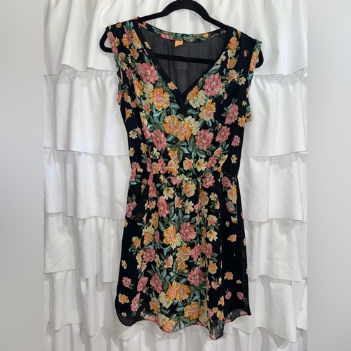 Farm Rio by Anthropologie- Floral V-Neck Black Dress with Pink & Yellow Blooms