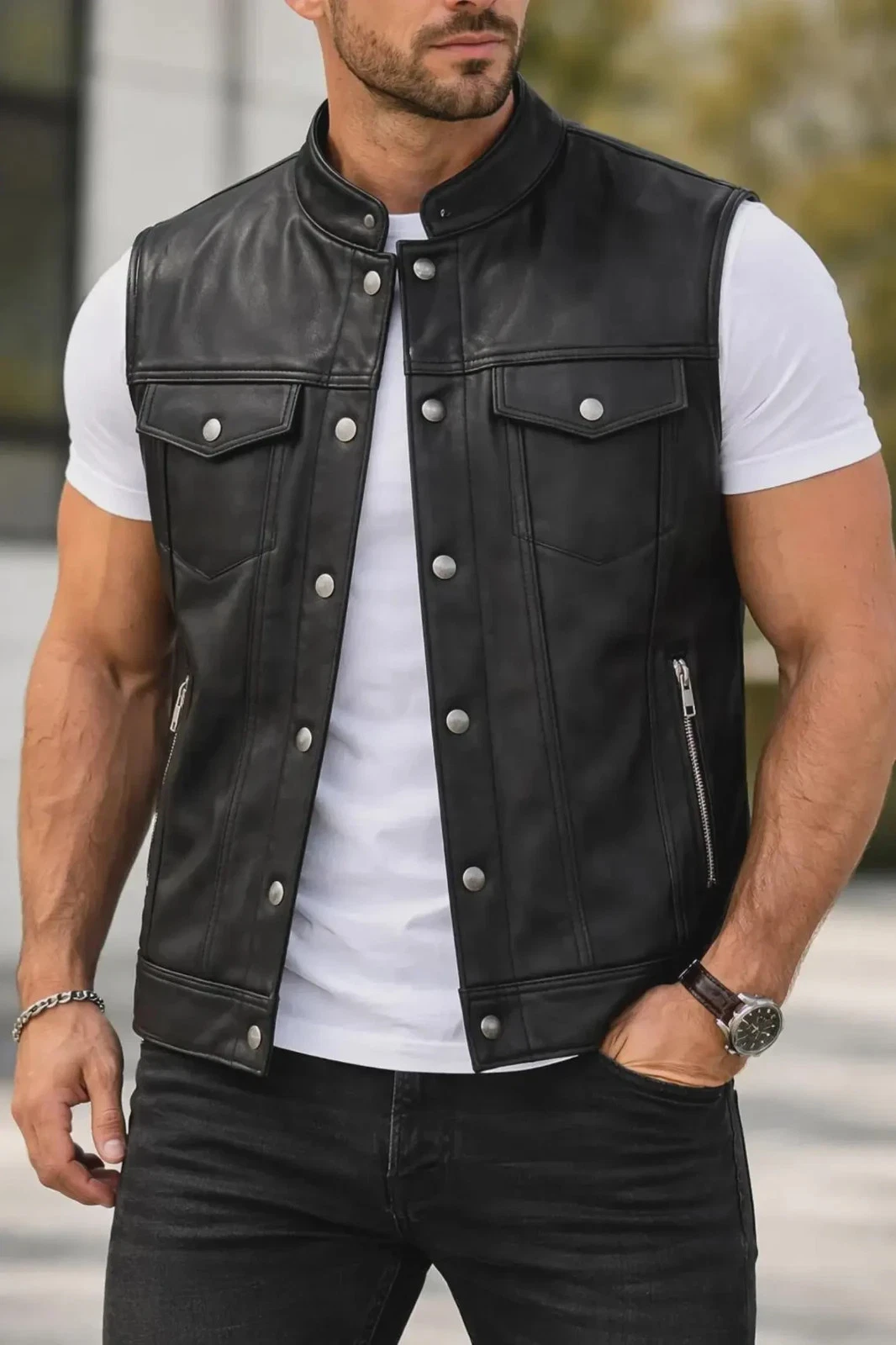 Men's Black lambskin Leather Biker Vest, Sleeveless Biker Rider Waistcoat Vest