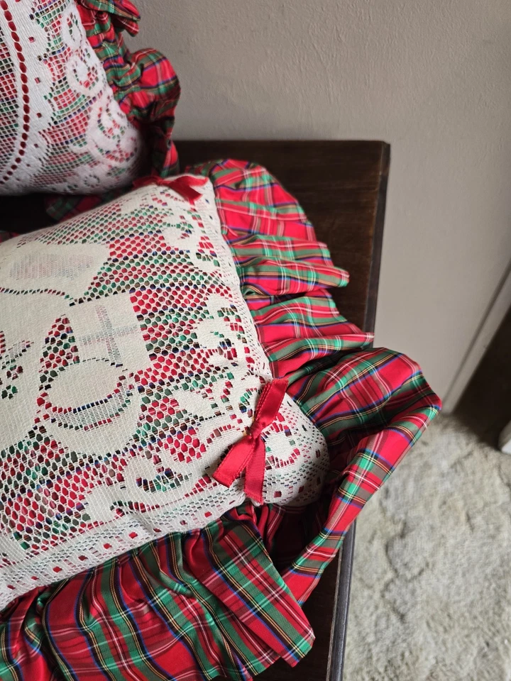 Set Of 3 Hand Crafted Red Multicolor Plaid Ruffled Lace Christmas Throw Pillows - Image 4 of 4