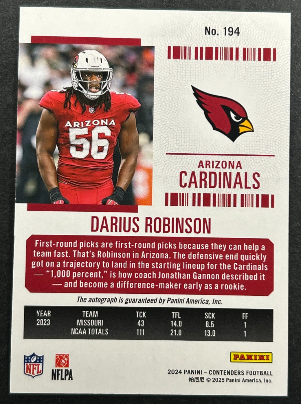 2024 Panini Contenders - Darius Robinson #194 Arizona Cardinals - RC AUTO 1/1 view 2