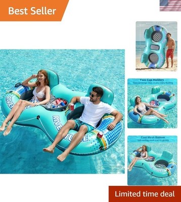 Comfortable 2-Person Pool Float with Drink Holders and Removable Cooler - Cyan