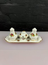 Royal Albert Old Country Roses Salt Pepper Mustard Pots on Tray RARE Cruet Set