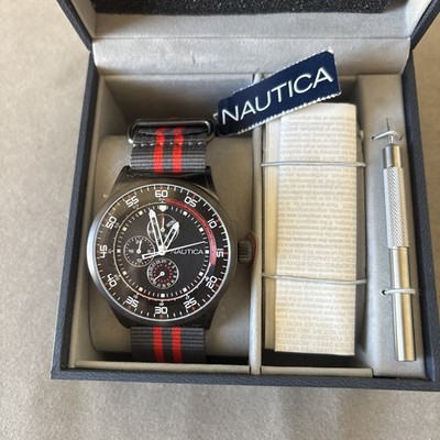 nautica gents nst 17 multi dial grey and red stripe watch