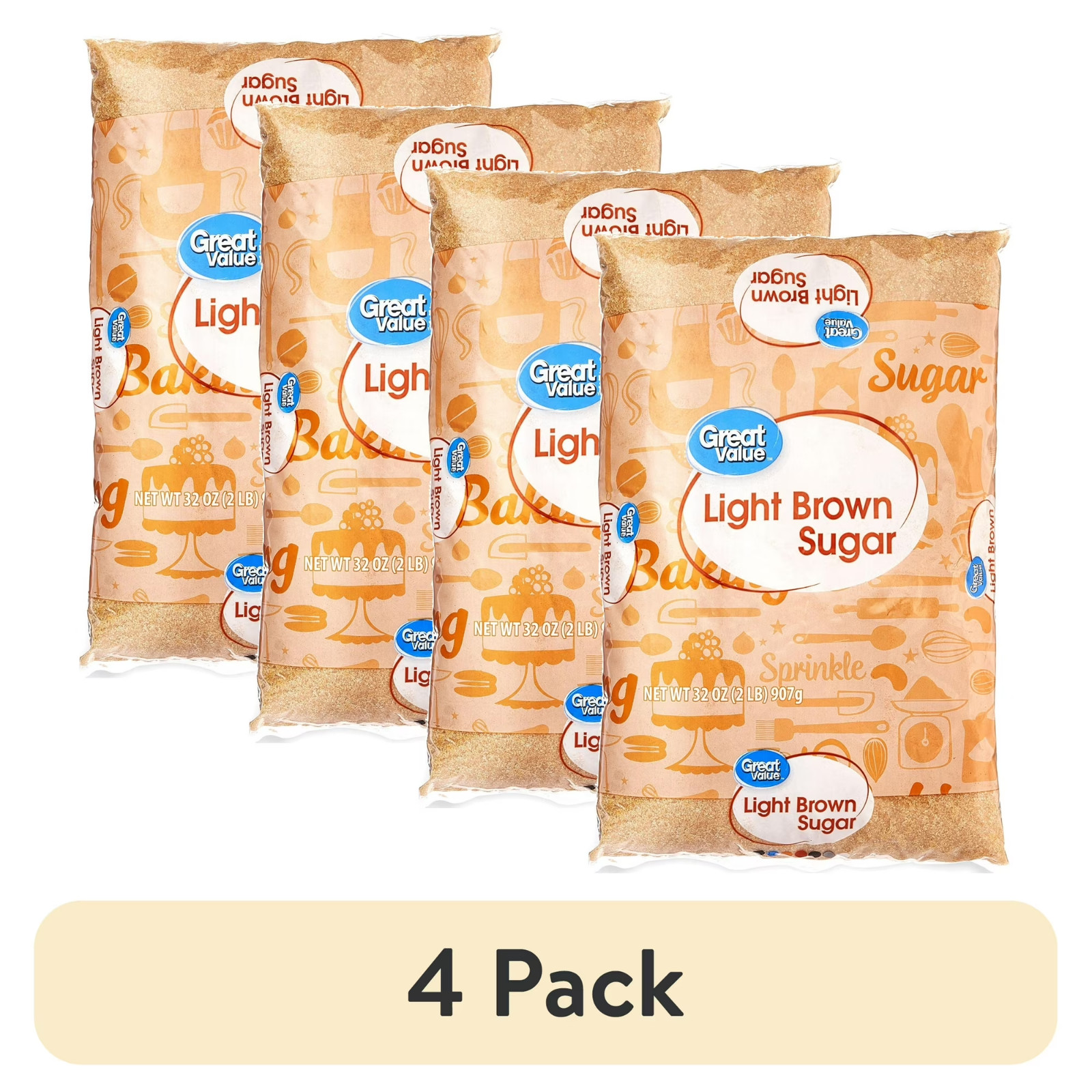 (4 pack) Great Value Light Brown Sugar, 32 oz, Free Shipping