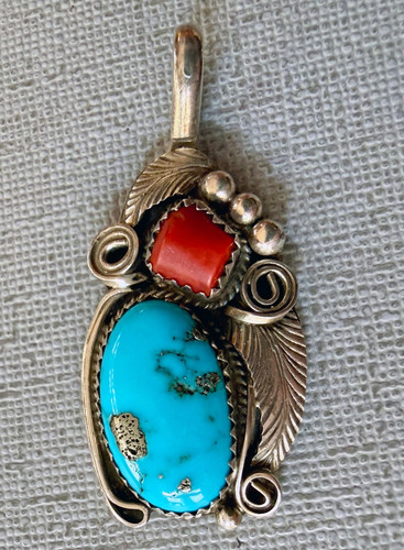 Vintage Justin Morris Navajo Turquoise and Coral and Sterling Silver Pendant