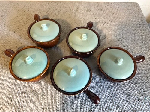 Red Wing Pottery Individual Casserole French Onion Soup Bowls W/Lids Set of 5