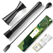 Black Bar Tool Set 3 PCS 10" Muddler 12" Spoon Double Jigger Stainless