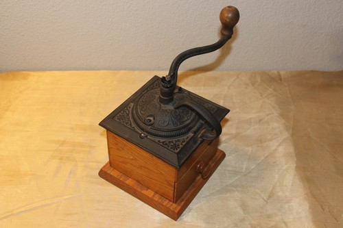 Vintage Antique Wood Coffee Bean Burr Grinder Mill Manual Cast Iron Hand Crank  - Afbeelding 10 van 10