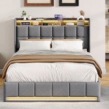 Polsterbett,Doppelbett mit LED & USB,140x190 cm Hydraulisch Stauraumbett Grau