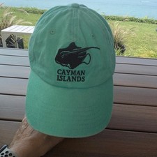 Cayman Island w Ray in Black on Aqua Cotton hat Cap Hook Loop EUC