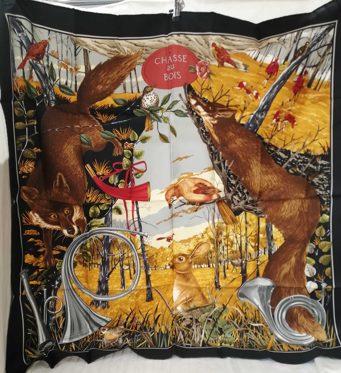 HERMES MIX Forest Hunting Silk Scarf 90 Vintage Designer