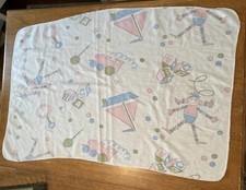 VINTAGE RECEIVING BABY BLANKET COTTON FLANNEL BLOCKS TRAIN DOLL BLUE GREEN PINK