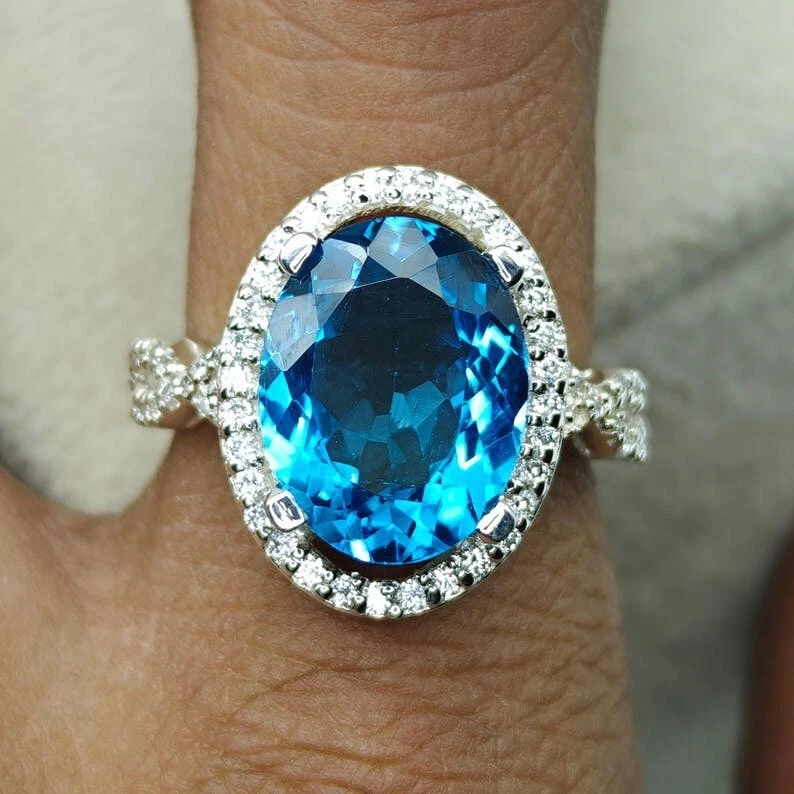 Natural Swiss Blue Topaz Halo Ring 925 Sterling Silver Gemstone with Moissanite - Image 2 of 4