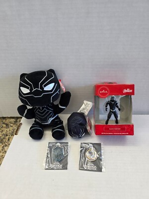 Marvel Black Panther TY Beanie Baby 6'', Christmas Ornament, Plushy & 2 Pins Lot