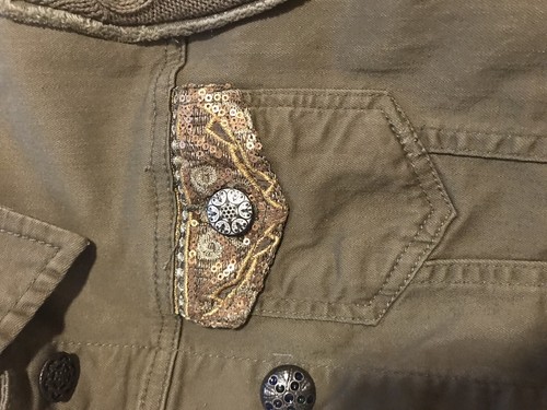 Desigual Khaki Denim Jean Jacket Sz 36/S ~ Floral Knit Sequin Trim Embroidered - Picture 4 of 11