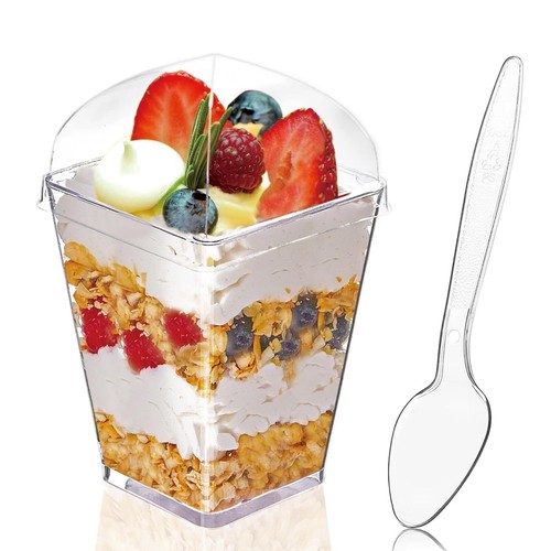 50 Pack 5oz Dessert Cups with Lids and Spoons Clear Plastic Reusable - Picture 1 of 6