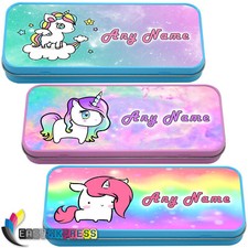 Cute Kawaii UNICORN Personalised Pencil Case Tin Pink School Make Up Girls Gift
