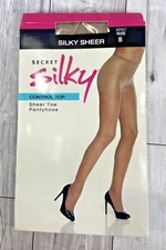 NEW Secret Silky Control Top, Sheer Toe Pantyhose Nude Size B 10407