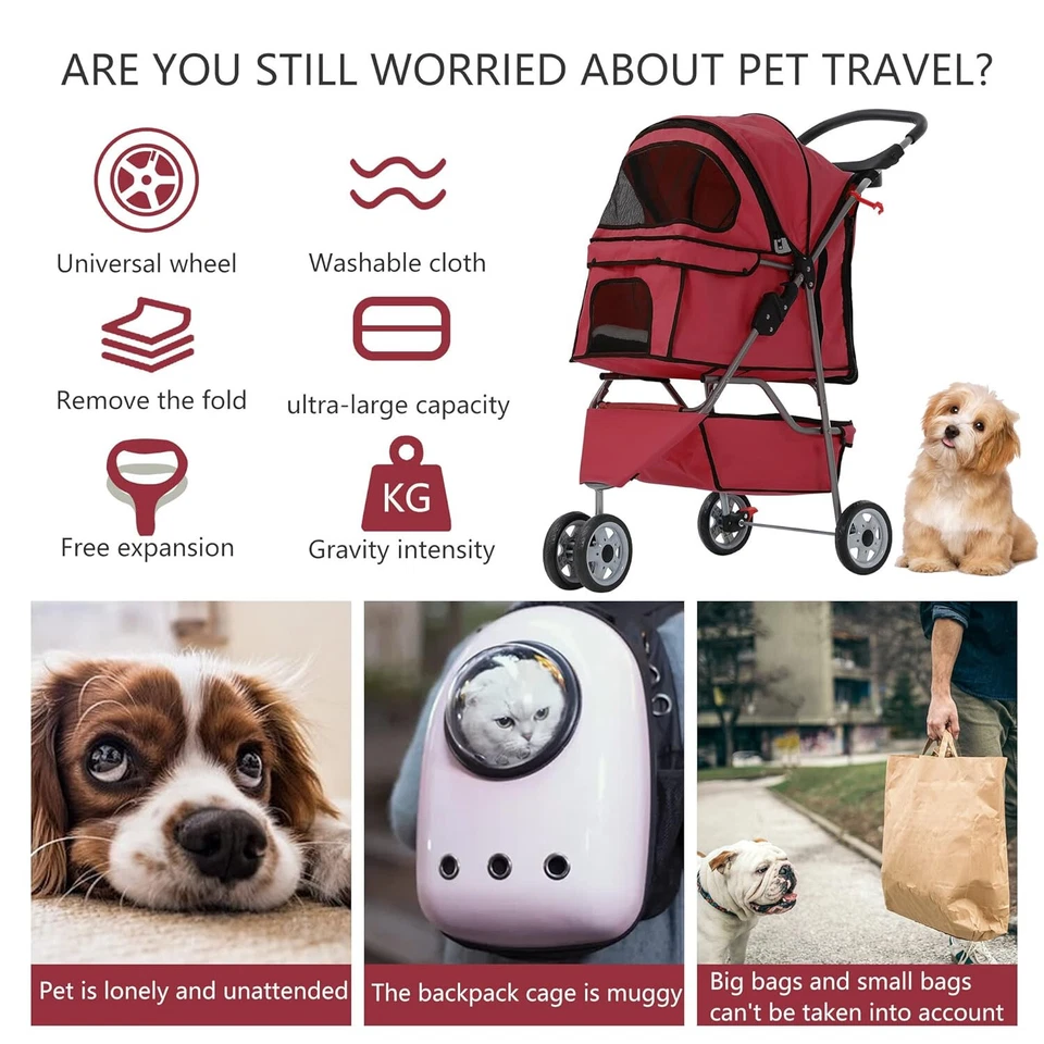 Dog Stroller,3 Wheels Travel Folding Pet Stroller for Small Medium Dog Cat Jogge - Image 4 of 4