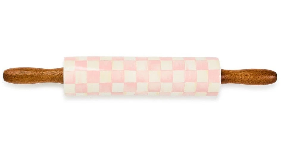 Mackenzie Childs Rosy Check pink ceramic wood handles rolling pin 17" NEW in box