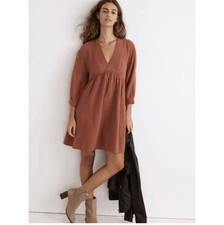 Madewell Lightspun V-Neck Mini Dress Large Weathered Brick Rust Cotton Gauze