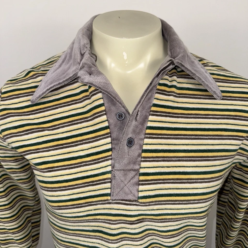 Vintage 60s 70s Velour Shirt Striped Disco Hippy Mod Surf Skate Mens Medium - Image 3 of 4