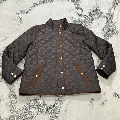 Talbots Quilted Jacket Womens Size Large Brown Leopard Print Snap Front Coat